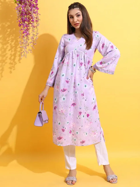 Vasthrlay Lavender Printed A-Line Kurtas